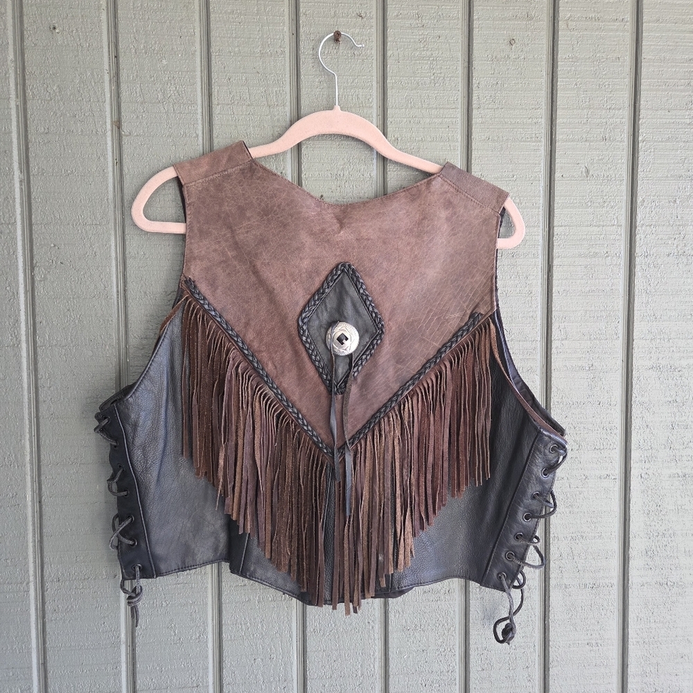 Vintage western biker Fringed Leather Vest with Lace-Up Sides L/XL - Picture 4 of 6